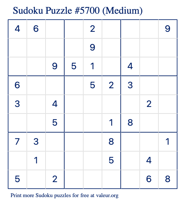 Free Printable Medium Sudoku Puzzle number 5700