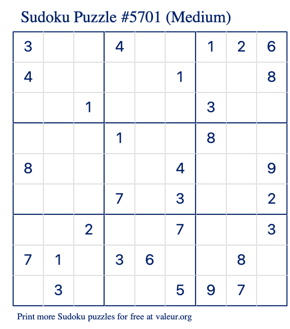 Free Printable Medium Sudoku Puzzle number 5701