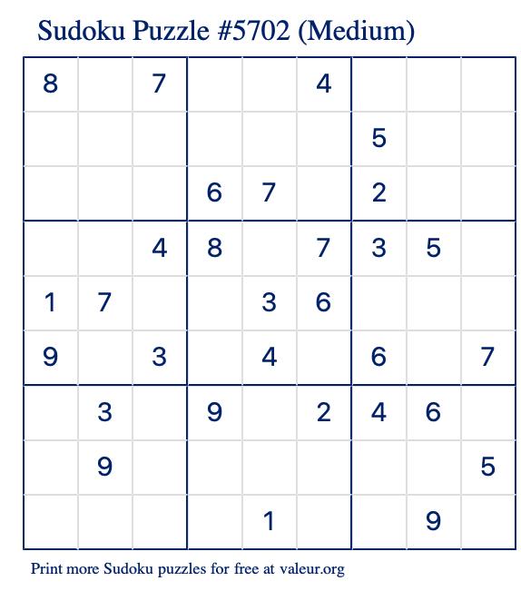 Free Printable Medium Sudoku Puzzle number 5702