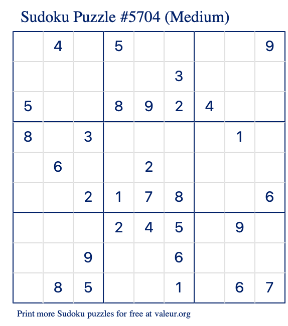 Free Printable Medium Sudoku Puzzle number 5704