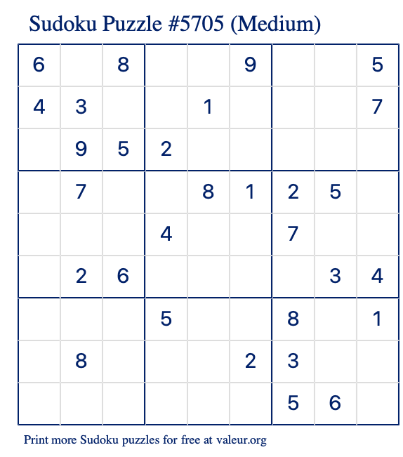 Free Printable Medium Sudoku Puzzle number 5705