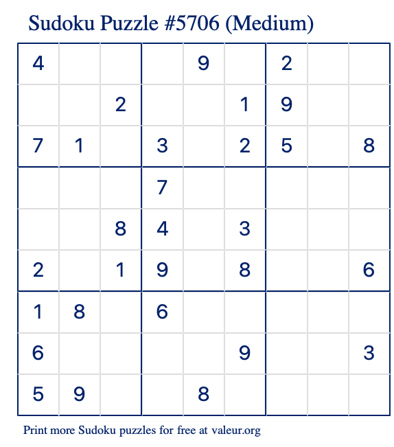 Free Printable Medium Sudoku Puzzle number 5706