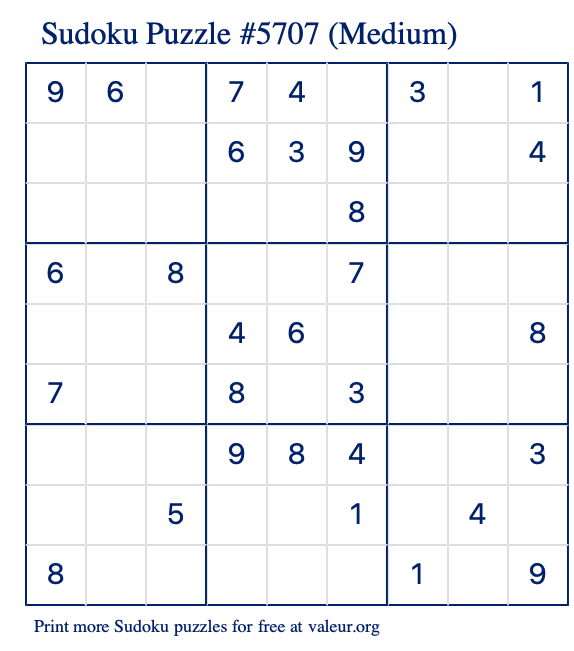 Free Printable Medium Sudoku Puzzle number 5707