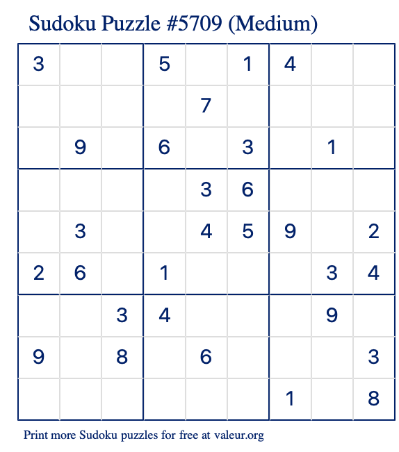 Free Printable Medium Sudoku Puzzle number 5709