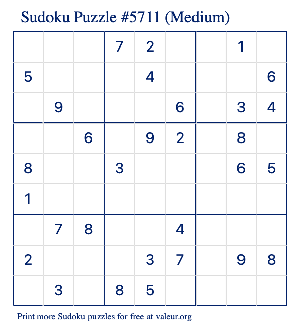 Free Printable Medium Sudoku Puzzle number 5711