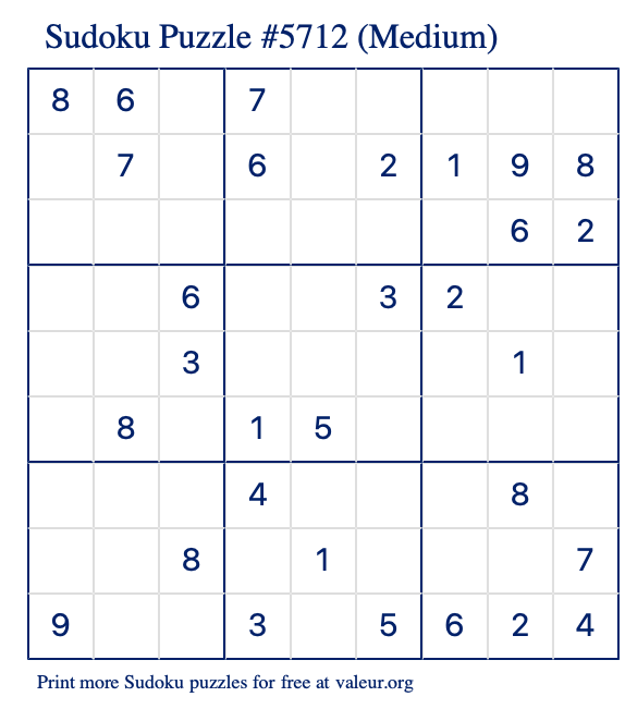 Free Printable Medium Sudoku Puzzle number 5712