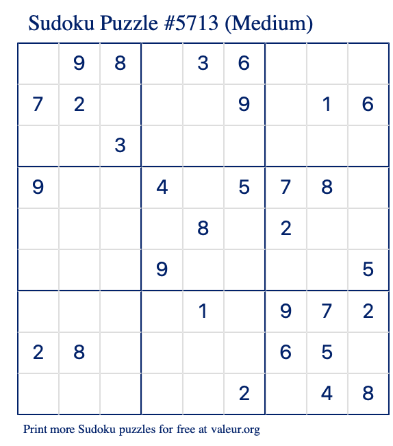 Free Printable Medium Sudoku Puzzle number 5713