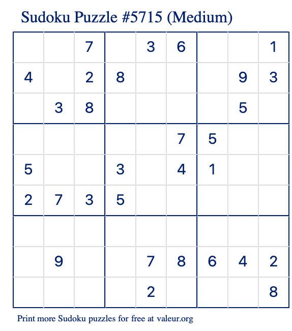 Free Printable Medium Sudoku Puzzle number 5715
