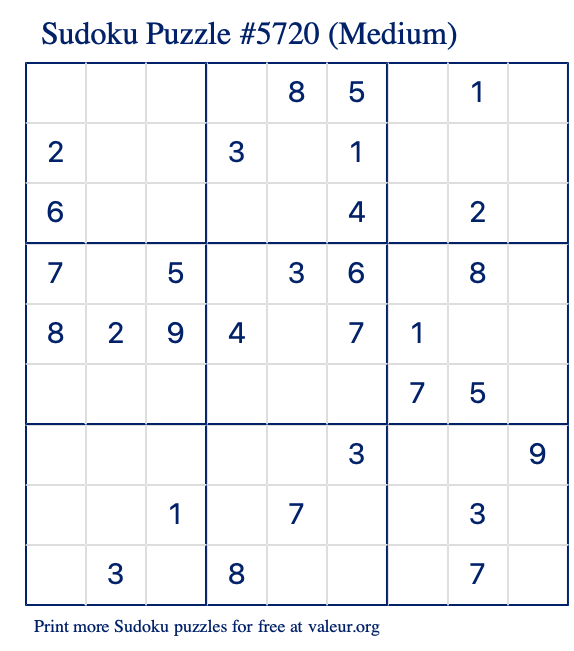 Free Printable Medium Sudoku Puzzle number 5720