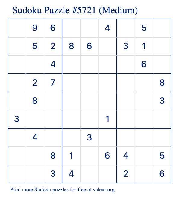 Free Printable Medium Sudoku Puzzle number 5721
