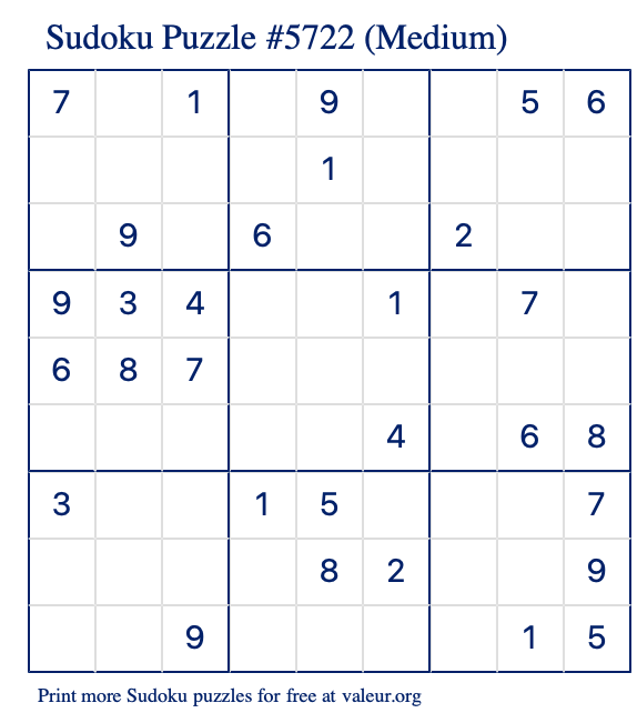 Free Printable Medium Sudoku Puzzle number 5722