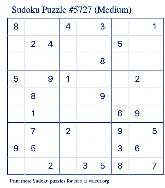 Free Printable Medium Sudoku Puzzle number 5727