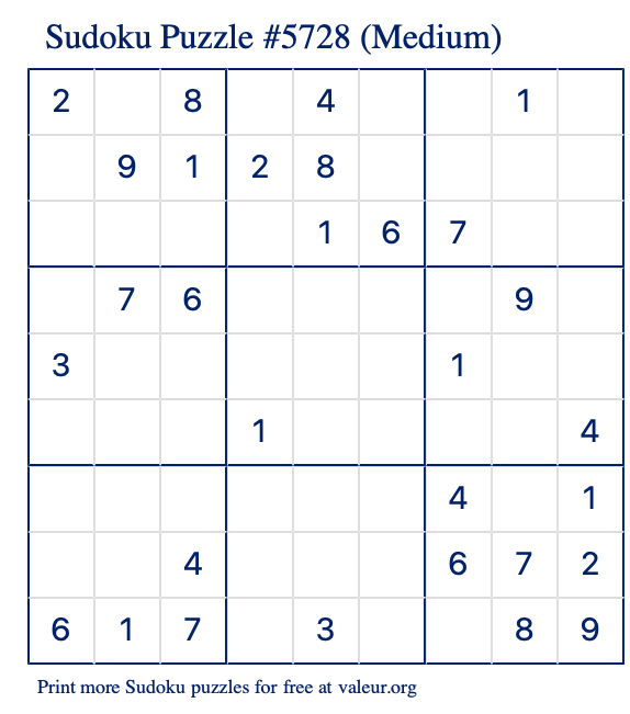 Free Printable Medium Sudoku Puzzle number 5728