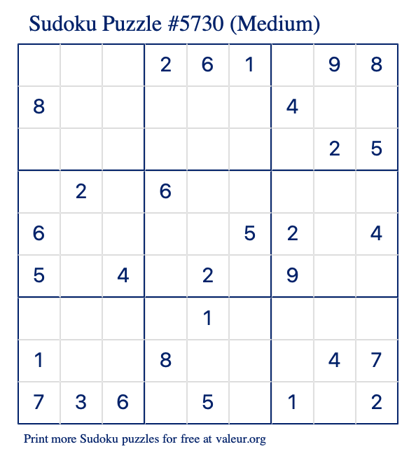 Free Printable Medium Sudoku Puzzle number 5730