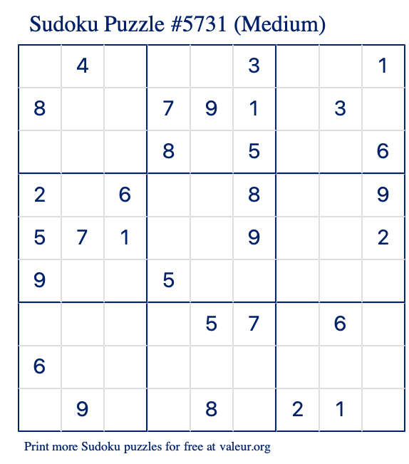 Free Printable Medium Sudoku Puzzle number 5731