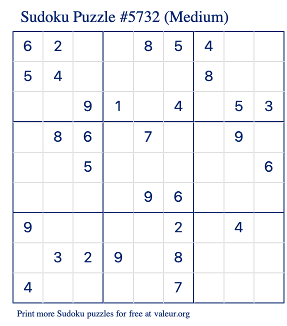 Free Printable Medium Sudoku Puzzle number 5732