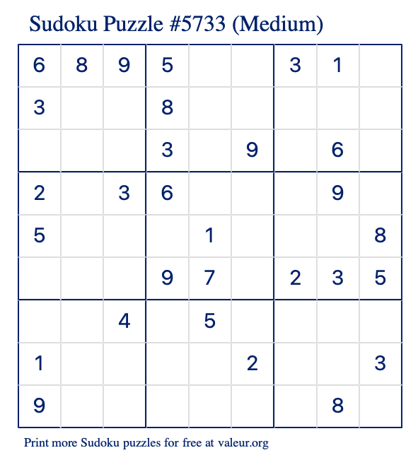 Free Printable Medium Sudoku Puzzle number 5733