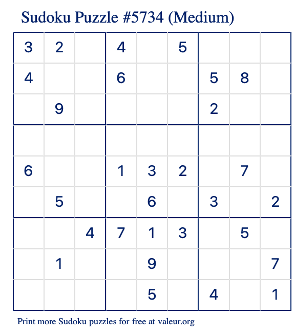 Free Printable Medium Sudoku Puzzle number 5734