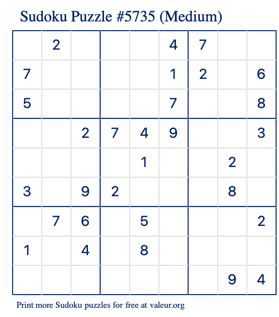 Free Printable Medium Sudoku Puzzle number 5735