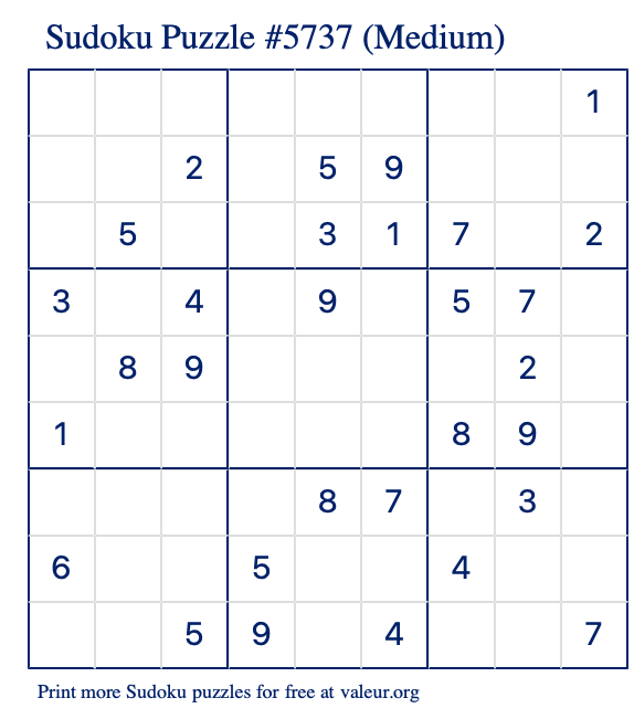 Free Printable Medium Sudoku Puzzle number 5737