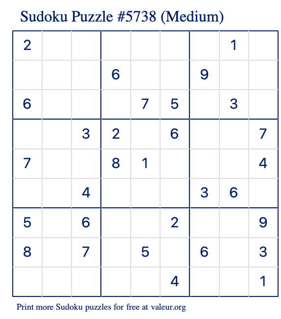 Free Printable Medium Sudoku Puzzle number 5738