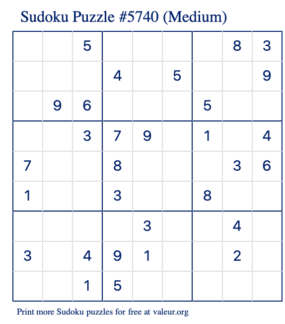 Free Printable Medium Sudoku Puzzle number 5740