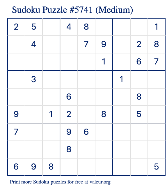 Free Printable Medium Sudoku Puzzle number 5741