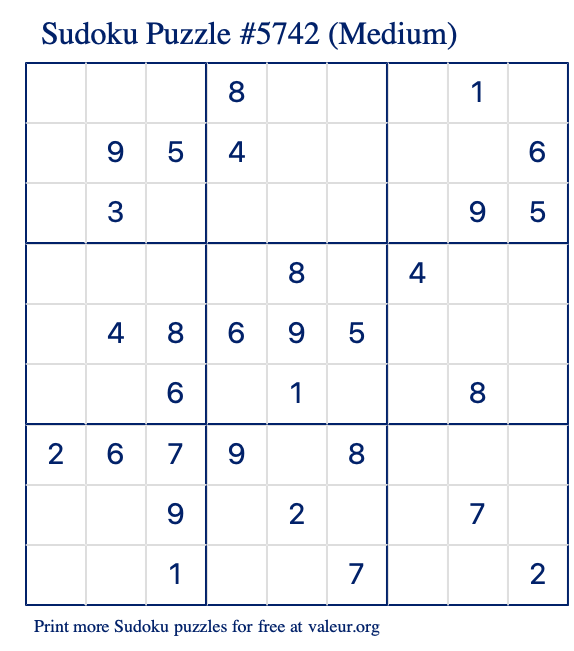 Free Printable Medium Sudoku Puzzle number 5742