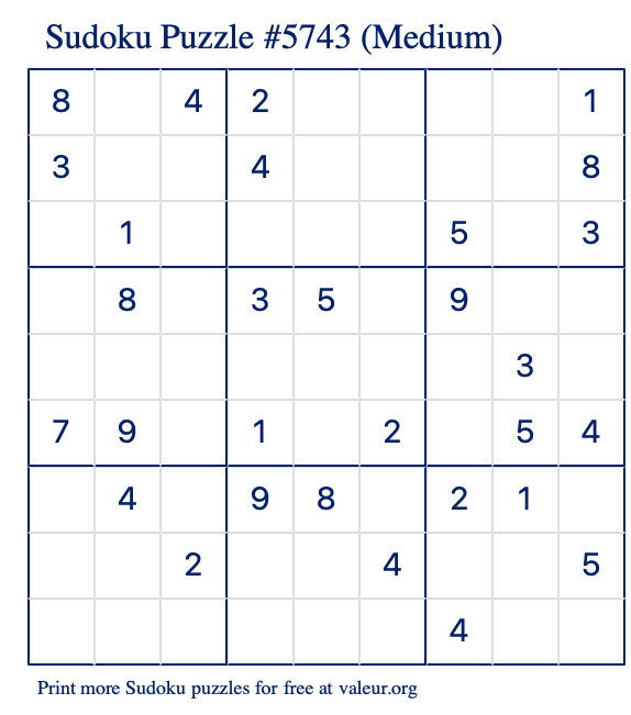 Free Printable Medium Sudoku Puzzle number 5743