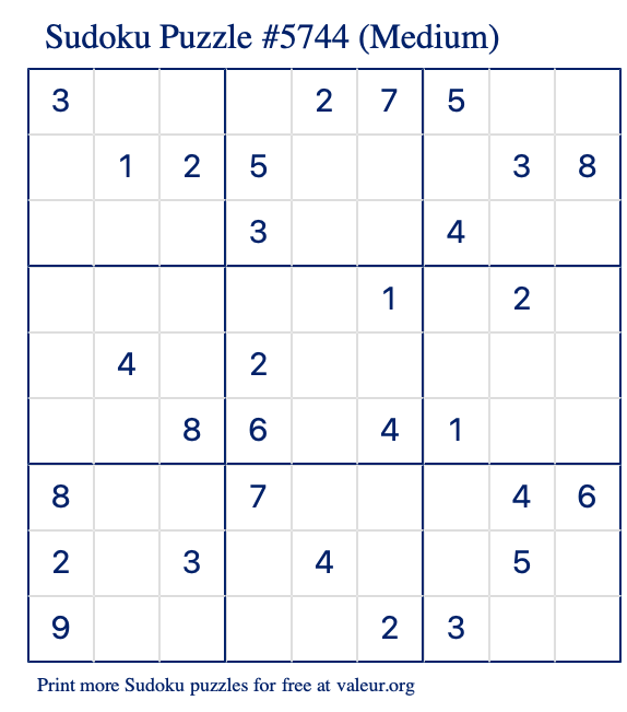 Free Printable Medium Sudoku Puzzle number 5744