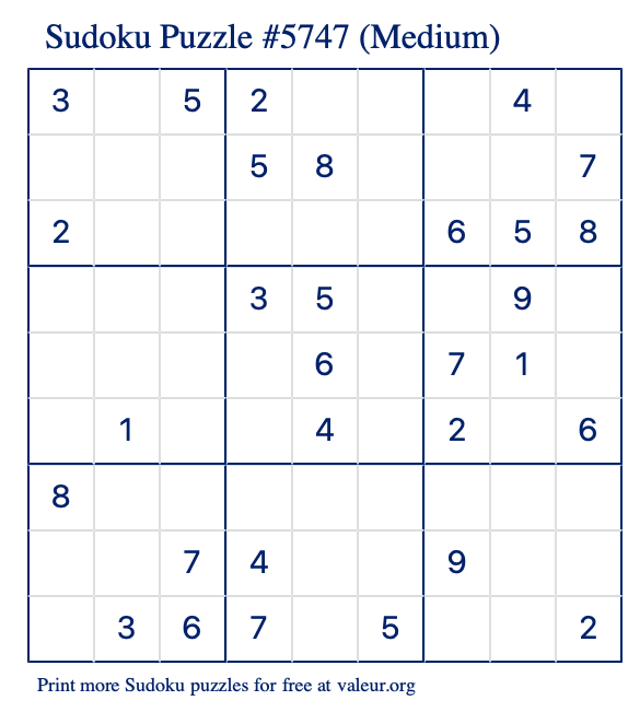 Free Printable Medium Sudoku Puzzle number 5747