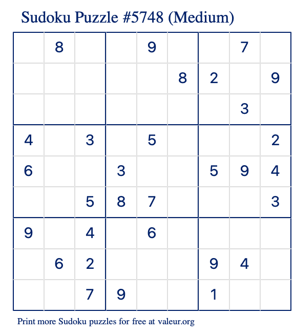 Free Printable Medium Sudoku Puzzle number 5748
