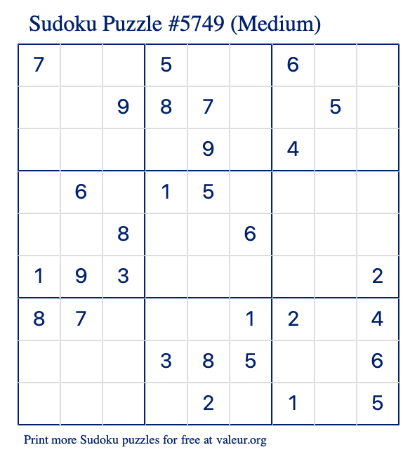 Free Printable Medium Sudoku Puzzle number 5749