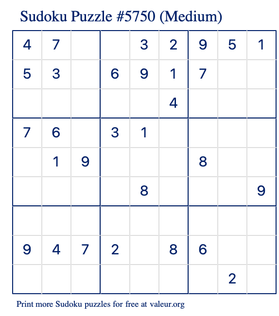 Free Printable Medium Sudoku Puzzle number 5750