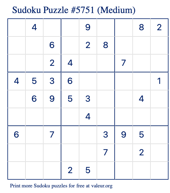 Free Printable Medium Sudoku Puzzle number 5751