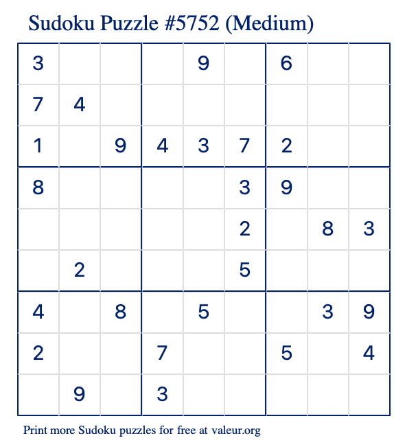 Free Printable Medium Sudoku Puzzle number 5752