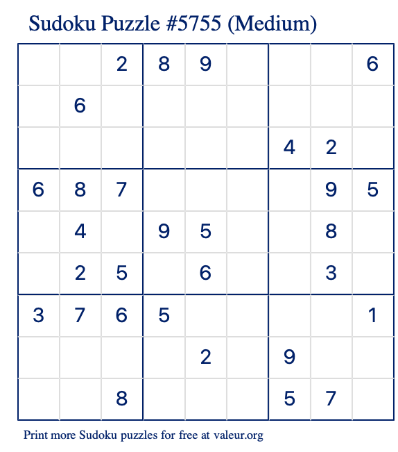 Free Printable Medium Sudoku Puzzle number 5755