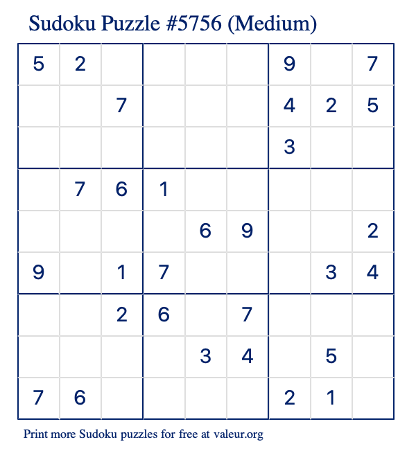Free Printable Medium Sudoku Puzzle number 5756