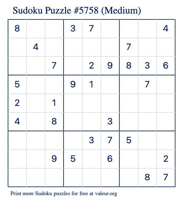 Free Printable Medium Sudoku Puzzle number 5758