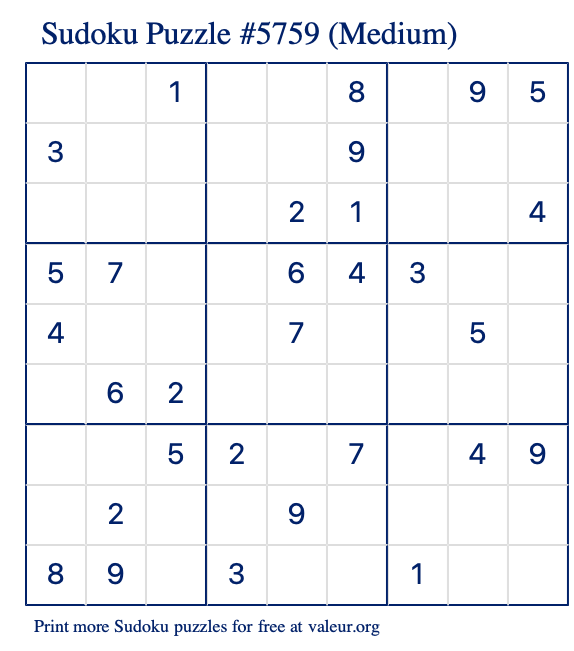 Free Printable Medium Sudoku Puzzle number 5759