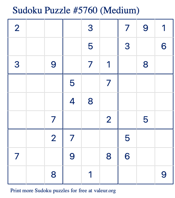 Free Printable Medium Sudoku Puzzle number 5760