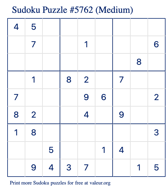 Free Printable Medium Sudoku Puzzle number 5762