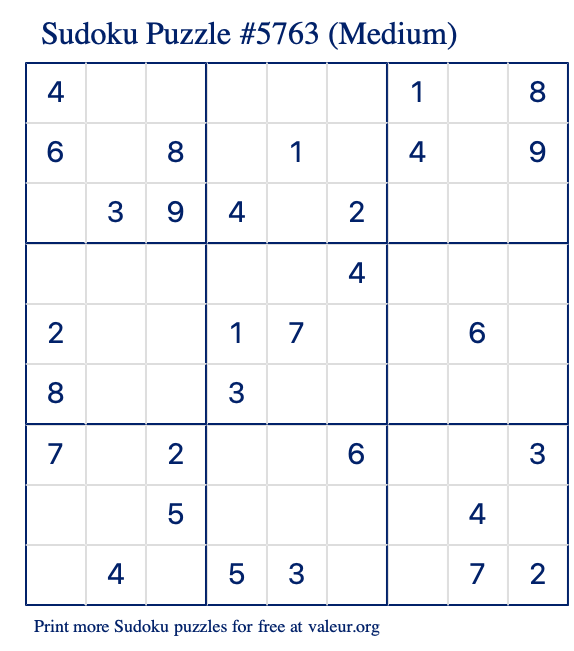 Free Printable Medium Sudoku Puzzle number 5763