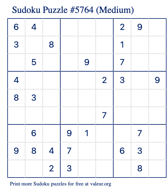 Free Printable Medium Sudoku Puzzle number 5764