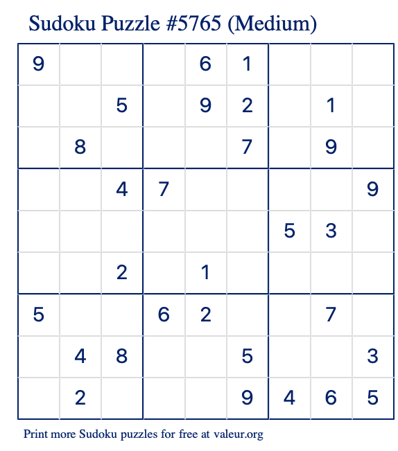 Free Printable Medium Sudoku Puzzle number 5765