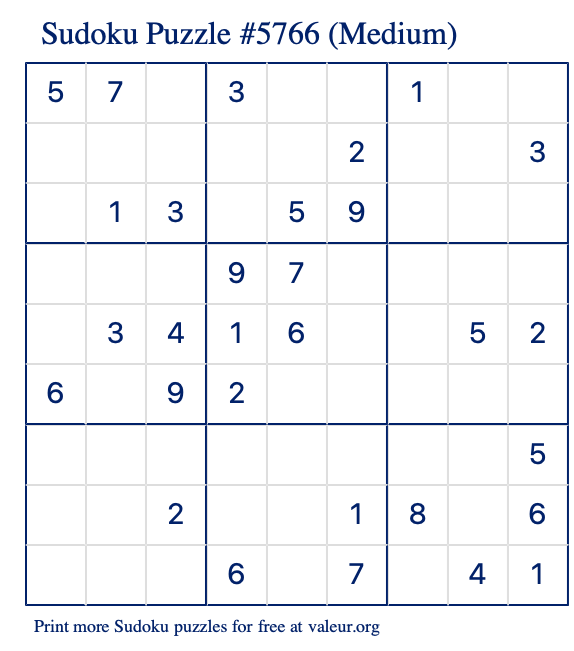 Free Printable Medium Sudoku Puzzle number 5766