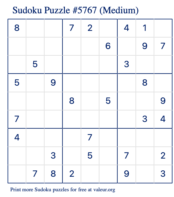 Free Printable Medium Sudoku Puzzle number 5767