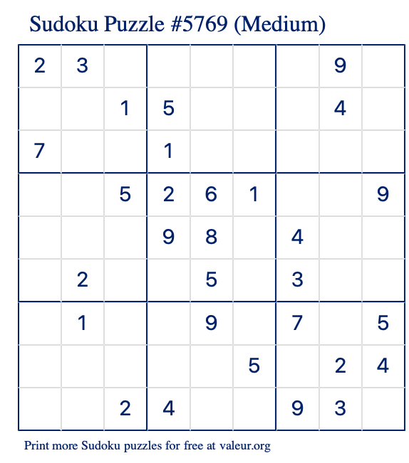 Free Printable Medium Sudoku Puzzle number 5769