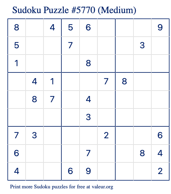 Free Printable Medium Sudoku Puzzle number 5770