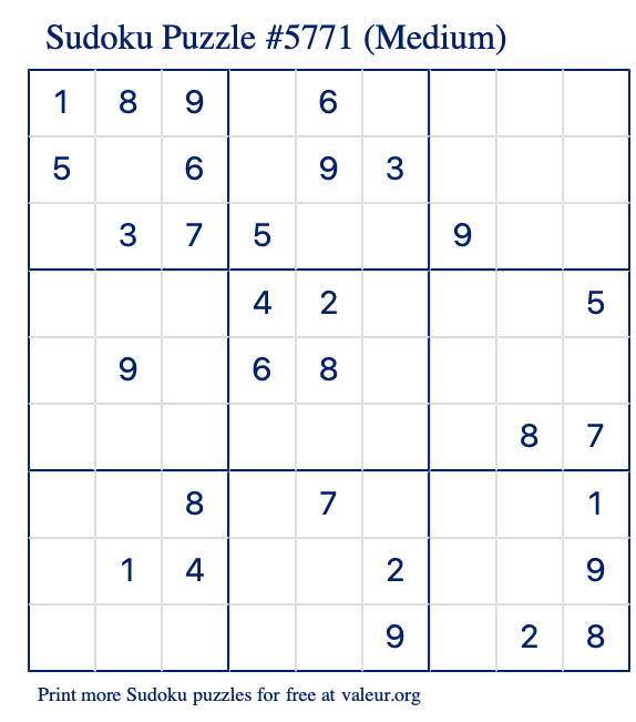 Free Printable Medium Sudoku Puzzle number 5771